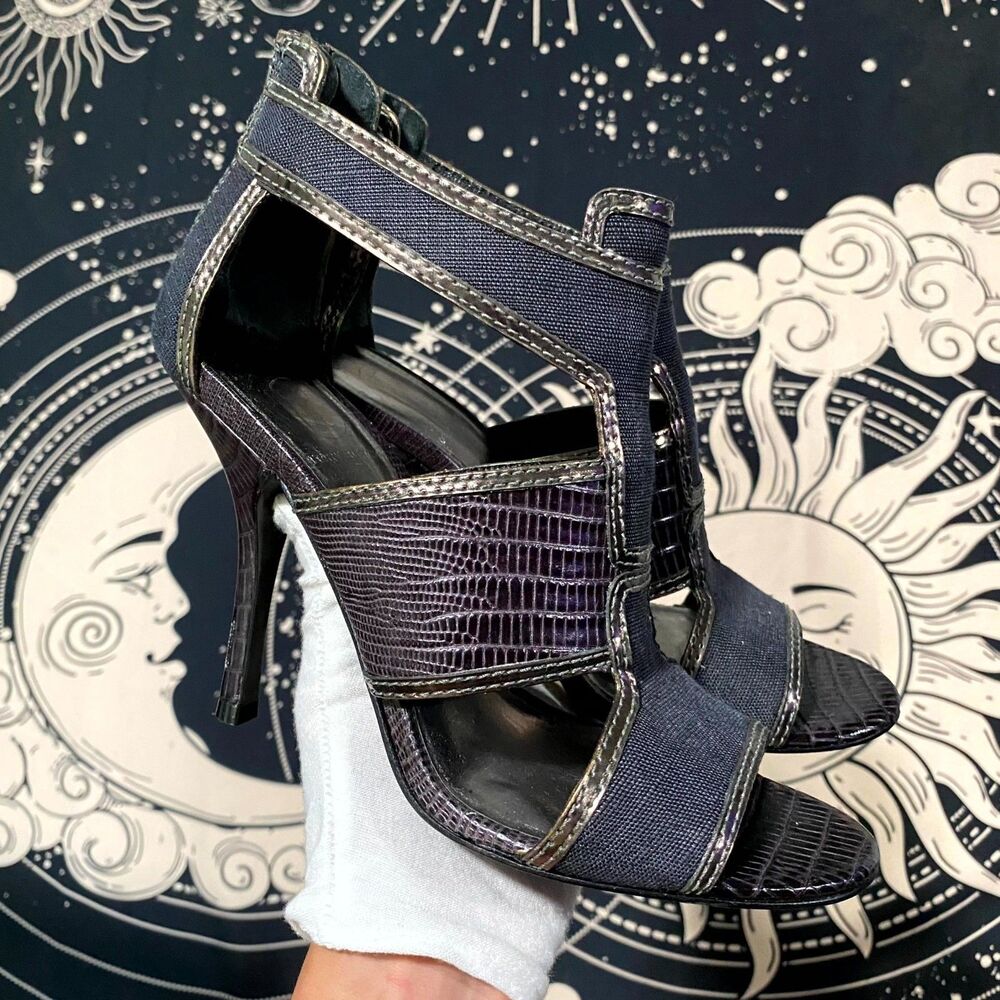 Tory Burch Geoff Slingback Heel Women's 7.5M Blue Croc Leather Strappy Gladiator